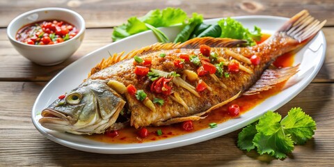 Wall Mural - Delicious fried fish with chili sauce, perfect for seafood lovers, fried, fish, seafood, delicious, spicy, chili sauce, crispy, golden