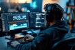 © miss irine - Male video editor works on computer with keyboard and mouse. Focused creator wears black hoodie and headphones in modern studio with two displays. Blurred background shows room with window and plant.