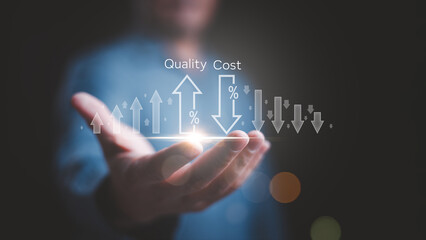 Cost and quality control concept. Businessman hold cost and quality icons to improve process efficiency of quality control and company cost reduction for successful strategy management.