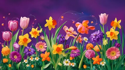 Wall Mural - Multicolored spring flowers on purple background