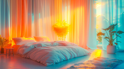 Wall Mural - Sunlight streaming through sheer curtains onto bed in modern bedroom