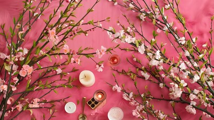 Wall Mural - Beautiful blooming willow branches on pink background flat lay