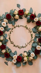 Wall Mural - Flowers frame made of beige and red roses eucalyptus leaf on pale pastel beige background flat lay top view floral wreath frame background