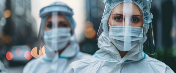 Two Essential Security Workers Wearing Face Masks During A Virus Outbreak,High Resolution, Ultra HD