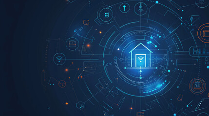 Digital smart home technology concept. Smart home technology background with icons representing various connected devices and services. Futuristic smart home technology. Future technology home remote 