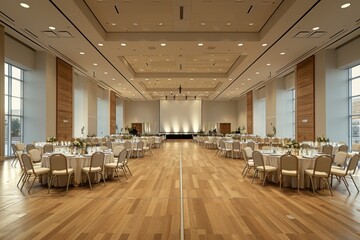 Wall Mural - A large banquet hall with tables and chairs set up for a large event