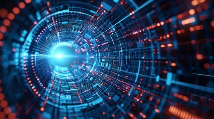Futuristic digital tunnel with blue and red lights representing advanced technology and data flow in a high-tech network concept.