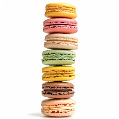 Wall Mural - A stack of colorful macarons, isolated on a white background, with each macaron showcasing a different flavor and hue 