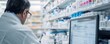 © Achirawee - Documentary style photograph of a pharmacist preparing an online prescription order, shelves filled with medications in the background, computer screen displaying an order form