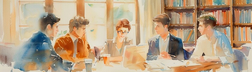 Students discussing a case study in a study group, watercolor, warm tones, lifelike