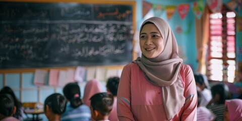 A Malaysian muslim female teacher teaching in a bright classroom full of students in the foreground, with blackboard as the background.