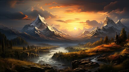 Glowing sunset casting warm light on mountains