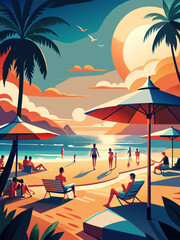 Wall Mural - Vibrant Tropical Beach Sunset with People Enjoying Vacation