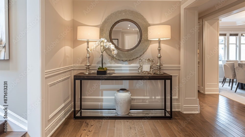 An elegant entryway with a stylish console table, chic mirror, modern ...