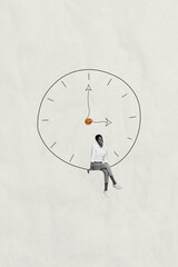 Trend artwork image photo collage of gray color space line circle drawing wall clock time deadline young woman sit think mind psychology