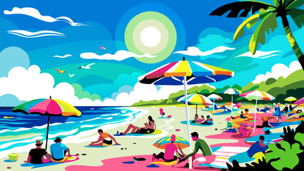 Wall Mural - Vibrant Beach Day Scene with Sunbathers and Palm Trees