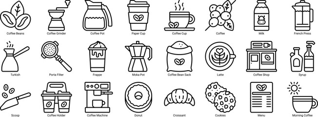 Coffee icon set line style. Coffee shop and pastry line icons contain such coffee beans, moka pot, holder, machine, and more editable stroke