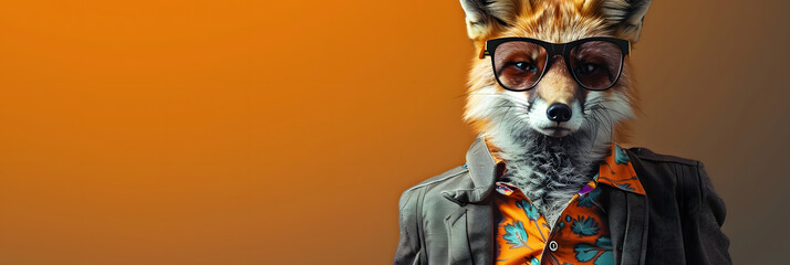 Cool looking fox wearing funky fashion dress - jacket, shirt, dark shades sunglasses. Wide banner with copy space on side. Stylish animal posing. 