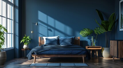 Blue bedroom interior with dark blue walls, wooden floor, king size bed with blue pillows and potted plants.