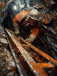 © SashaMagic - A miner working in an underground tunnel with helmet and rugged gear.