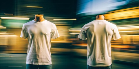 Two mannequins wearing white t-shirts stand in front of a blurry background