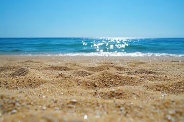 A beach with a clear blue sky and a calm ocean