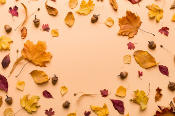 Wall Mural - Autumn composition made of dried leaves, cones and acorns on table. Flat lay, top view