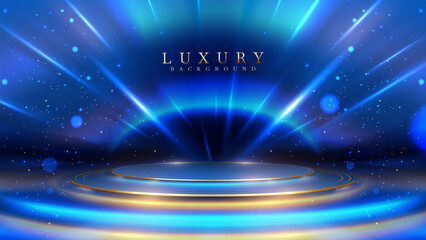Wall Mural - empty blue podium on a dark background with a golden beam effect and bokeh decorations. luxury scene