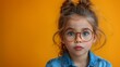 © PaulShlykov - Little child surprised cute kid girl 7-8 years old wears denim shirt glasses have fun looking aside on area isolated on plain pastel yellow background. Mother's Day love family lifestyle concept