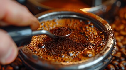 A detailed view of coffee grounds being weighed on a scale, highlighting the barista's hand and the precise measurement. Warm, inviting lighting highlighting the scene,