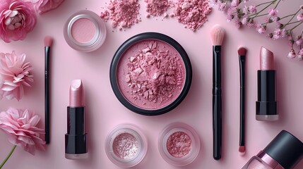 Wall Mural - An array of pink-themed makeup products, including eyeshadows, lipsticks, and brushes, is arranged on a pink background. 