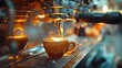 © TranNgoc - A detailed view of a barista's hand holding a cup under the machine, highlighting the precise positioning and anticipation of the coffee. Warm, inviting lighting highlighting the scene,