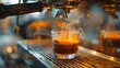 © TranNgoc - Close-up of hot water pouring into a cup of espresso, capturing the detailed mixing and rising steam. Background features a softly blurred cafe setting with warm ambient light. Created using: DSLR,