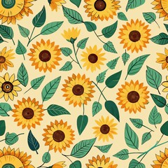 Canvas Print - seamless pattern of petite sunflowers and leaves, Generative AI