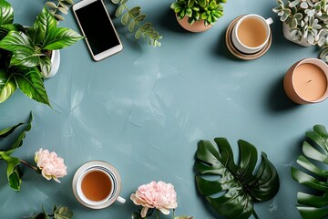 Wall Mural - Flat lay table with a phone, cups, and green plants. Scene is calm and relaxing with copy space