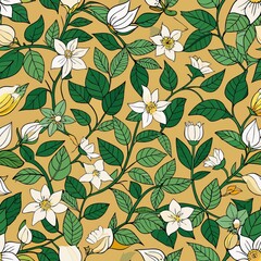 Poster - seamless pattern of small gardenias and vines, Generative AI
