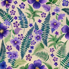 Poster - seamless pattern of small violets and ferns, Generative AI
