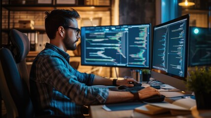 a software developer works on code late into the night, illuminated by the glow of multiple computer