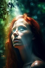 A fictional character with red hair and blue eyes gazes up at the sun in a visually stunning illustration depicting mythology and entertainment