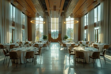 A large banquet hall with tables and chairs set up for a large event