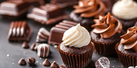 Delicious Chocolate Cupcakes and Candies to Celebrate World Chocolate Day. Concept World Chocolate Day, Chocolate Cupcakes, Chocolate Candies, Sweet Treats, Dessert Celebration