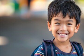 Close up portrait of a cute hispanic boy with backpack outside of school