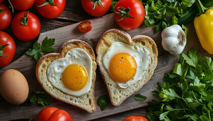 Wall Mural - Breakfast on Valentine's Day - fried eggs and bread in the shape of a heart and fresh vegetables. Top view