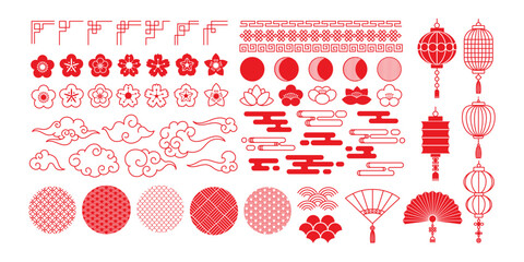 Chinese new year elements. Traditional oriental ornaments. China festival, new year celebrations. Asian festive flowers, clouds, ornaments, lantern. Lunar vector symbols set