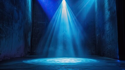 Wall Mural - Blue spotlight illuminating a dim stage with striking light and dark contrast