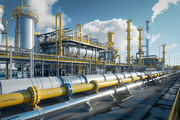 Sticker - hydrogen gas facility, stacks of pipes and large holding tanks, clean and modern