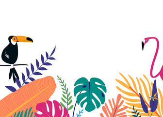 Poster - Botanical border png, aesthetic colorful tropical collage element with toucan and flamingo, transparent background