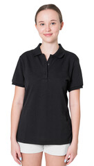 Sticker - Png teenage girl mockup in black polo shirt basic youth apparel shoot