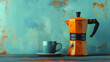 © Cristina - A moka pot  with a coffee mug. Coffee set of Espreso moka pot and cup. Designs of coffee makers concept.