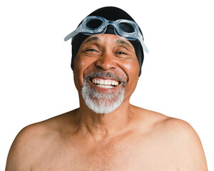 Cheerful senior man wearing swimming glasses